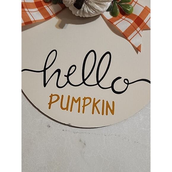 Set of 2 Fall Hanging Signs Pumpkins Ribbon Hello Fall Hello Pumpkin 8" Diameter - Picture 7 of 7